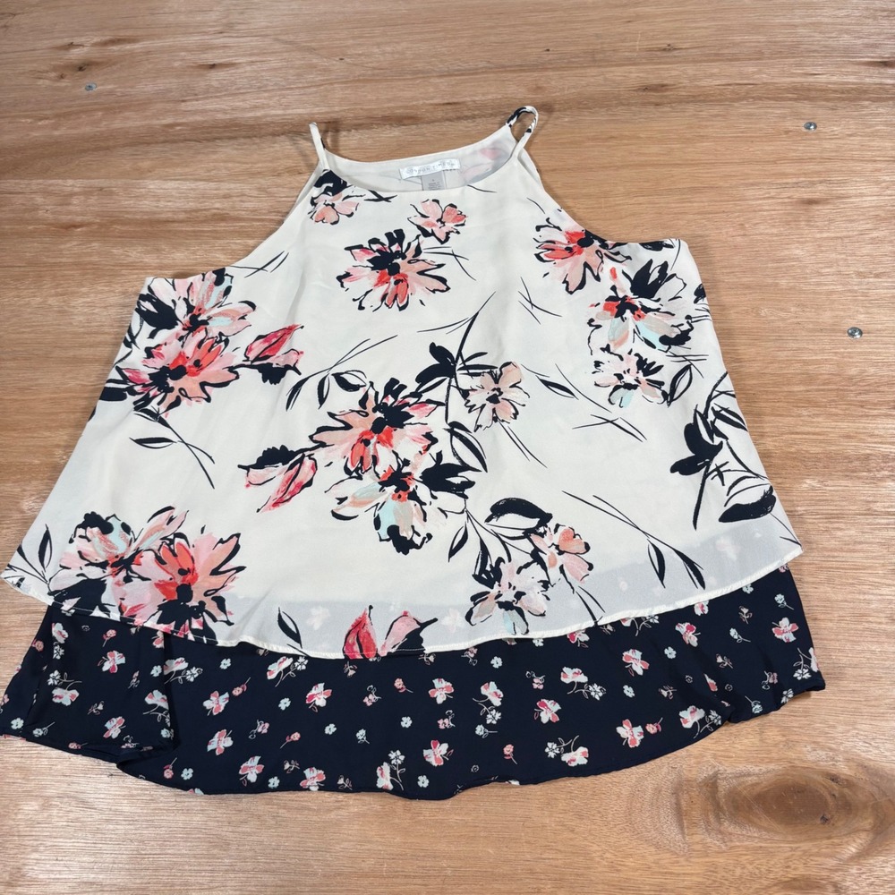 London Times Floral Halter Blouse Tiered Chiffon Sleeveless Top Navy White Pink